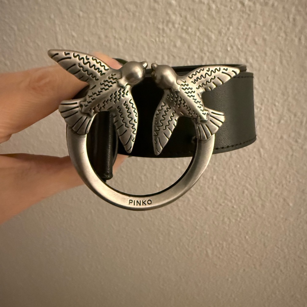 Pinko Love Birds Black Belt with Silver Buckle